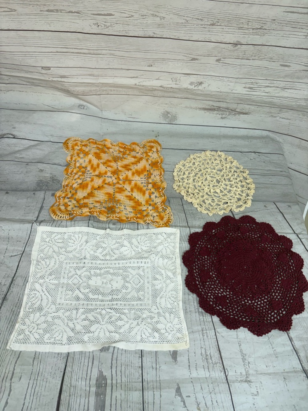 4 Mixed Vintage Doilies Table Runner White Orange Maroon Crochet Round Square
